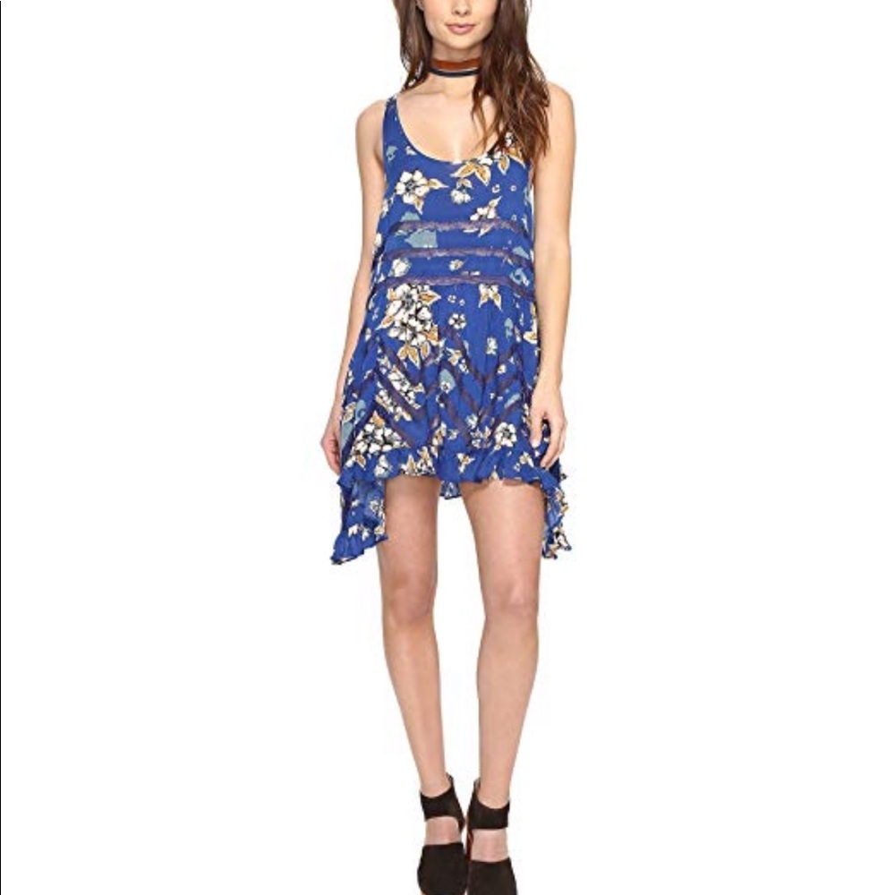 Free People Voile Trapeze Blue Floral Lace Slip
